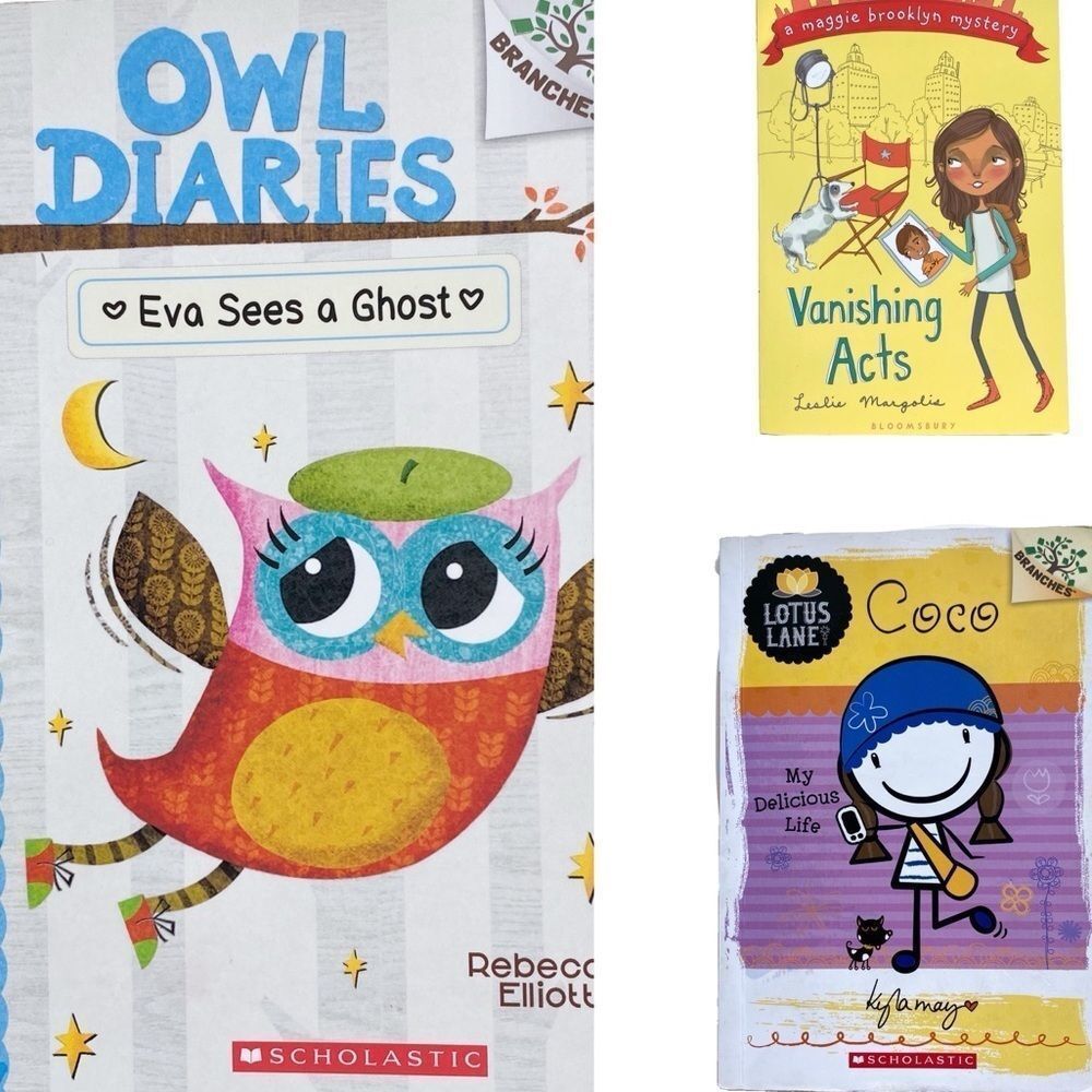 Set of three paperback books.  Vanishing Acts, Owl Diaries and Coco.